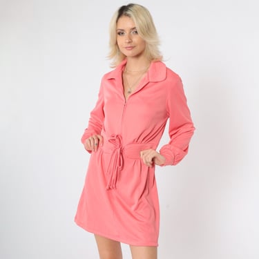 70s Pink Mini Dress Mod Front Zip Up Quilted High Waist Retro Vintage Long sleeve Gogo Lounge Twiggy Plain 1970s Minidress Large L 