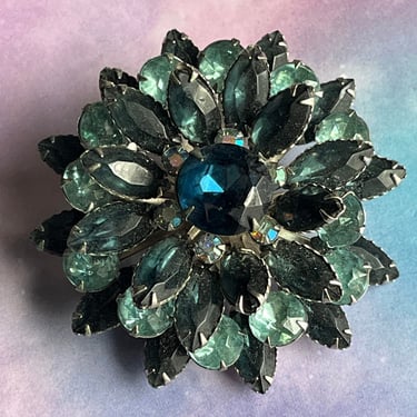 indigo starburst brooch 1950s blue jeweled glittery flower pin vintage jewelry 