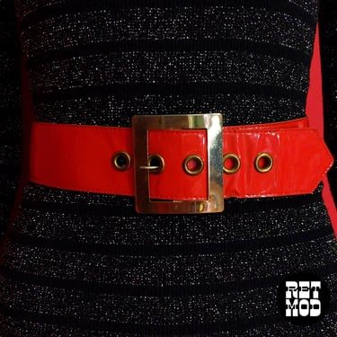 Iconic Mod Vintage 60s Red Shiny Wide Belt with Gold Buckle 