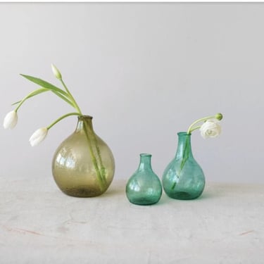 Green Bud Vase | Handblown Round Green Glass Bud Vase | Handblown Glass Vase | Bubble Glass | Small Green Vase Shelf Mantel Wedding Decor 