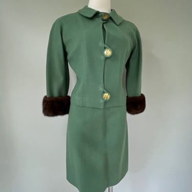 Womens 1950s Vintage Midcentury Modern Green 2pc Blazer Coat Beaver Fur & Dress 