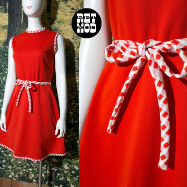 Cute Vintage 60s 70s Orange Fit & Flare Sleeveless Dress with Plaid Trim 