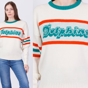 Vintage Miami Dolphins Cliff Engle NFL Sweater - Men's Medium, Women's Large | 80s 90s Football Team Striped Unisex Knit Pullover 