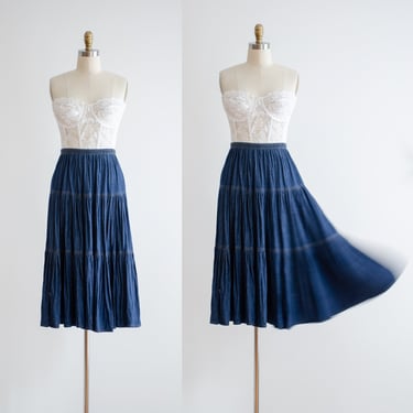 denim midi skirt | 90s vintage prairie boho style tiered dark wash jean skirt 