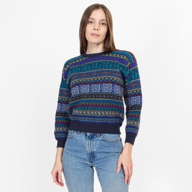 XS 80s Saguaro Cactus Novelty Knit Wool Sweater | Vintage Blue Striped Cropped Pullover 