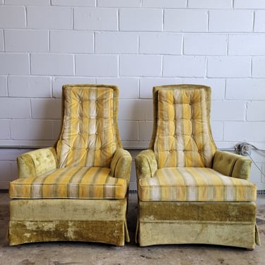 Pair of Mid Century Striped Velvet Upholstered Armchairs