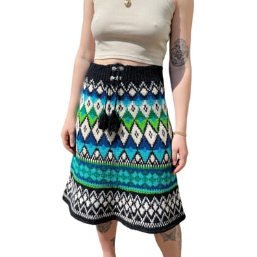 Vintage 1970s Hand Knit Wool Geometric Fair Isle Blue Green High Rise Skirt Sz M 