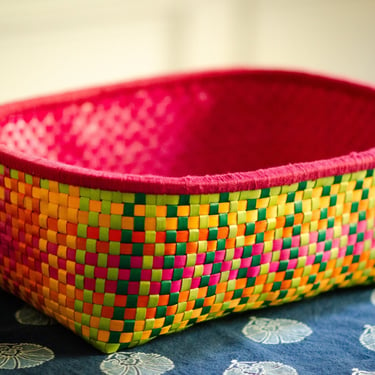 Handwoven Kottan basket - Storage Basket, Boho Home Decor, Utility Tray, Colorful Multipurpose Palm Leaf Basket 