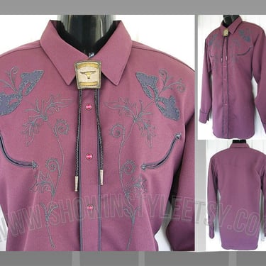 Vintage Western Men's Cowboy & Rodeo Shirt by Miller Westernwear, Plum Color, Embroidered Muted Blue Floral Designs, XL (see meas. photo) 