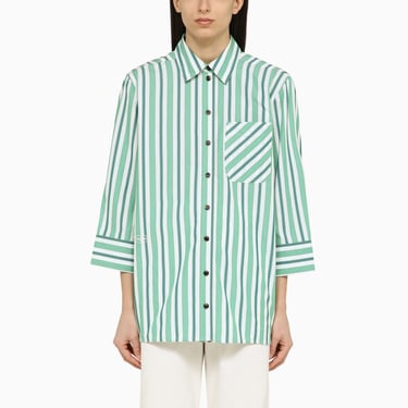 Ganni Green Striped Oversize Shirt In Organic Cotton Women