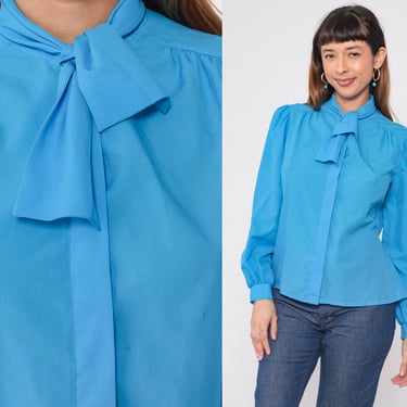 Blue Ascot Shirt 80s Bow Neck Ascot Top Secretary Blouse Long Sleeve Top Button Up Vintage 1980s Long Puff Sleeve Shirt Medium Petite 