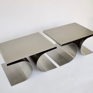 French Stainless Steel Pair Side or Coffee Tables in the Style of Michel Boyer