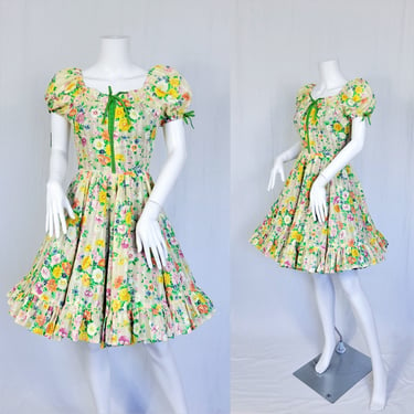 1960's Pale Yellow Floral Ditsy Print Square Dance Circle Skirt Dress I Sz Sm 