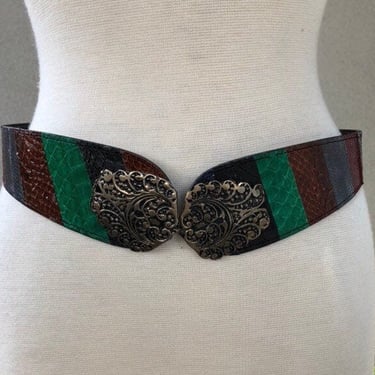 Vintage 1980s bold snake leather stripes belt metal buckle adjustable fits waist 30”-34” 