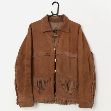 Men's 70s vintage suede jacket, cowboy jacket, fringed western jacket in brown, made in Mexico - Medium 