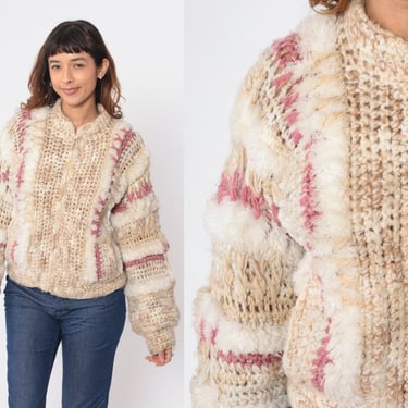Chunky Knit Sweater 70s Zip Up Fuzzy Cardigan Tan Space Dye Pink Cream Striped Boho Hippie Coat Seventies Glam Acrylic Vintage 1970s Small S 