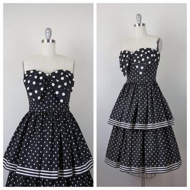 Vintage 1980s Victor Costa dress, strapless, polka dots, cotton, fit and flare 