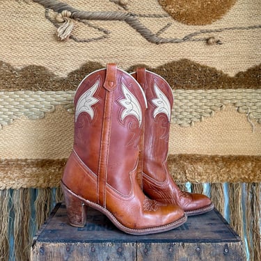 VINTAGE DINGO 1980s Leather Western Boots | 80s Brown Cowgirl Boots | High Heeled Cowboy Boots | Made in USA | Women's Size 6 