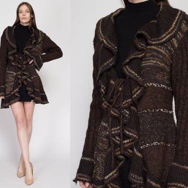 Large 90s Boho Brown Ruffled Cardigan | Vintage Oversized Long Open Fit Hippie Sweater 