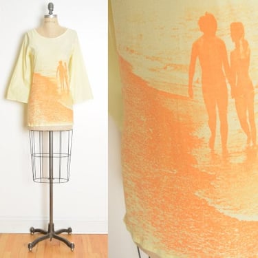 vintage 70s top yellow beach photo print bell sleeve tunic shirt graphic tee S 