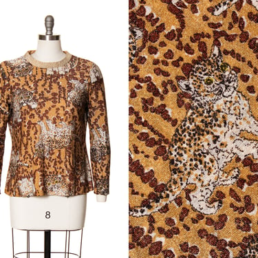 Vintage 1970s Top | 70s Metallic Lurex Novelty Print Leopard Cat Animal Printed Long Sleeve Sparkly Brown Blouse (medium/large) 