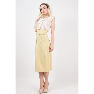 1930s skirt / Vintage yellow wool windowpane front pleat midi skirt small 