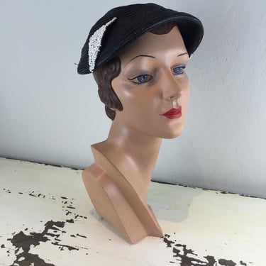 The Newest Miss Rhiengold - Vintage 1950s Black Lacquered Straw Hat w/White Seed Beads 