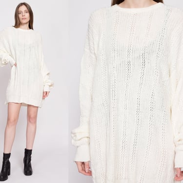 80s White Slouchy Knit Oversize Sweater - Large to XL | Vintage Cable Knit Mini Dress Pullover Jumper 