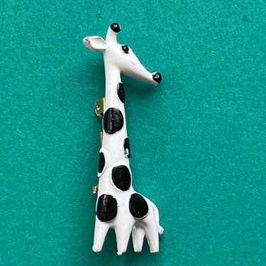 vintage giraffe pin 1960s white and black fun enamel brooch 