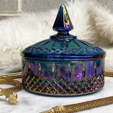 Vintage Indiana Glass Covered Dish Retro 1970s Mid Century Modern + Iridescent Blue + Carnival Glass + Princess Candy Box + MCM Storage 