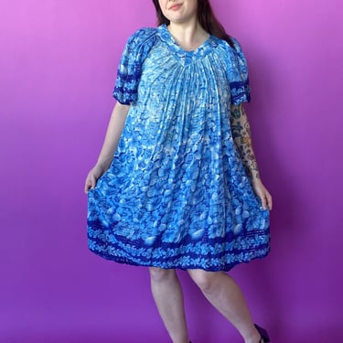 1970s Shades of Blue Gauzy Cotton Dress, sz. Open Size