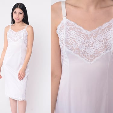 White Lace Slip Dress 36 -- 70s Lingerie Nightgown Midi Boho Deep V Neck Vintage Empire Waist Spaghetti Strap Wondermaid Medium 