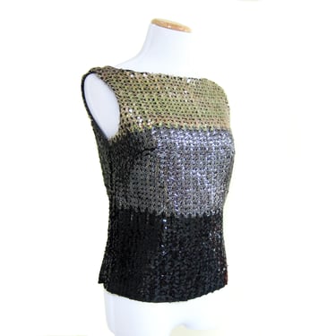 1950s Vintage Beaded Top, Ombre Coloration, Gold, Bronze and Black Sequin Top, Sleeveless Blouse, Evening Wear, Holiday Party 