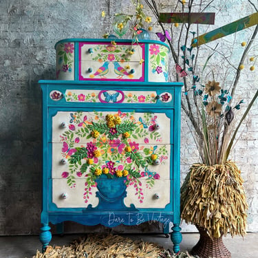 Butterfly Birds Floral Dresser ~ Folk Art Dresser ~ Bohemian ~ Chest of Drawers ~ Floral Dresser ~ Boho Dresser ~ Handmade Bedroom Furniture 