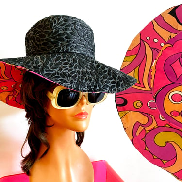 22# Vintage MOD Floppy Sun Hat • Reversible Black Pink Orange Psychedelic Pucci Print 1960s 70s Groovy Hippie Boho Festival • Pony Tail Hole 