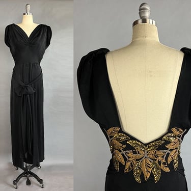 1930s Evening Gown / 1930s Backless Crepe Gown with Rhinestones & Metal Embroidery / Size Medium Size Large 