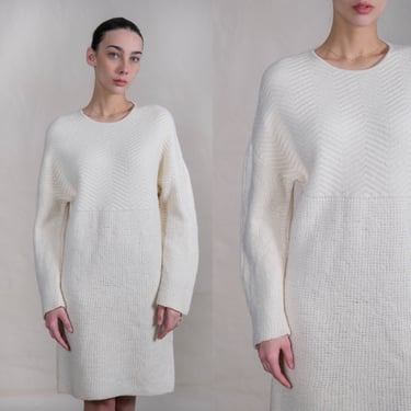 STELLA McCARTNEY Heavy Cream Chevron Waffle Knit Wool Dress | Made in Italy | 100% Wool | 2000s Y2K Designer Textured Sweater Tunic Dress 