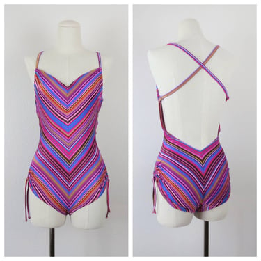 Vintage 1970s, 1980s one piece swimsuit, bathing suit, Sirena, rainbow striped, swimwear, beach, poolside 
