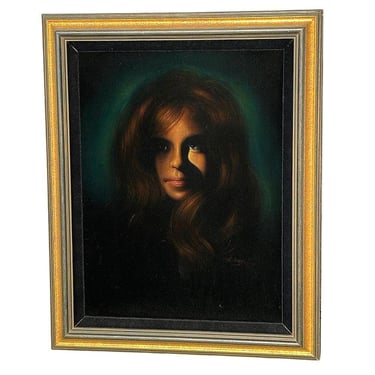 Framed Mid-century Hand Painted Oil on Velvet Female Portrait, Signed Cohen 