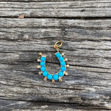 Turquoise & Diamond Horseshoe Gold Pendant