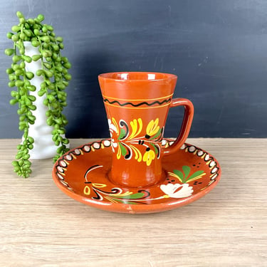 Hungarian redware cup and saucer - folk painted vintage set 