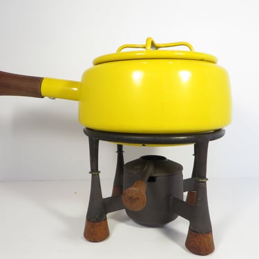 Vintage Dansk Kobenstyle Yellow Sun Gold Fondue Set - Danish Yellow Enamel Fondue Pot on Stand 