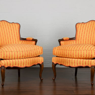 Antique Country French Louis XV Style Provincial Walnut Newly Upholstered Bergere Armchairs - a Pair 