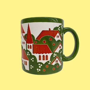 Vintage Waechtersbach Mug Retro 1970s Mid Century Modern + Village + Ceramic + Green + White + Red + West Germany + Kitchen + Coffee or Tea 