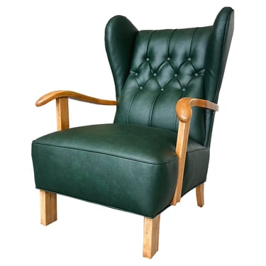 Danish Modern Green Vinyl Wingback Armchair