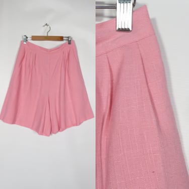 Vintage 90s Bubblegum Pink Faux Linen High Waist Pleat Front Loungewear Shorts With Pockets Made In USA Size L 