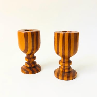 Striped Wood Candle Holders - Set of 2 