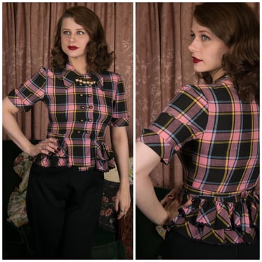 1940s Blouse - Adorable Windowpane Plaid Cotton Peplum Early 40s Short Sleeved Top in Pink, Black, Yellow and Blue 