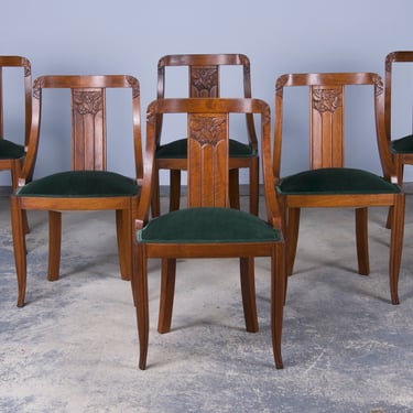 1930s French Art Deco Gondola Maple Dining Chairs W/ Dark Green Velvet - Set of 6 