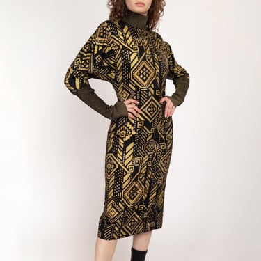 Small 80s Hanae Mori Black & Gold Silk Greek Key Print Dress Size 6 | Vintage Designer Two Tone Dolman Sleeve Knit Trim Midi Dress 